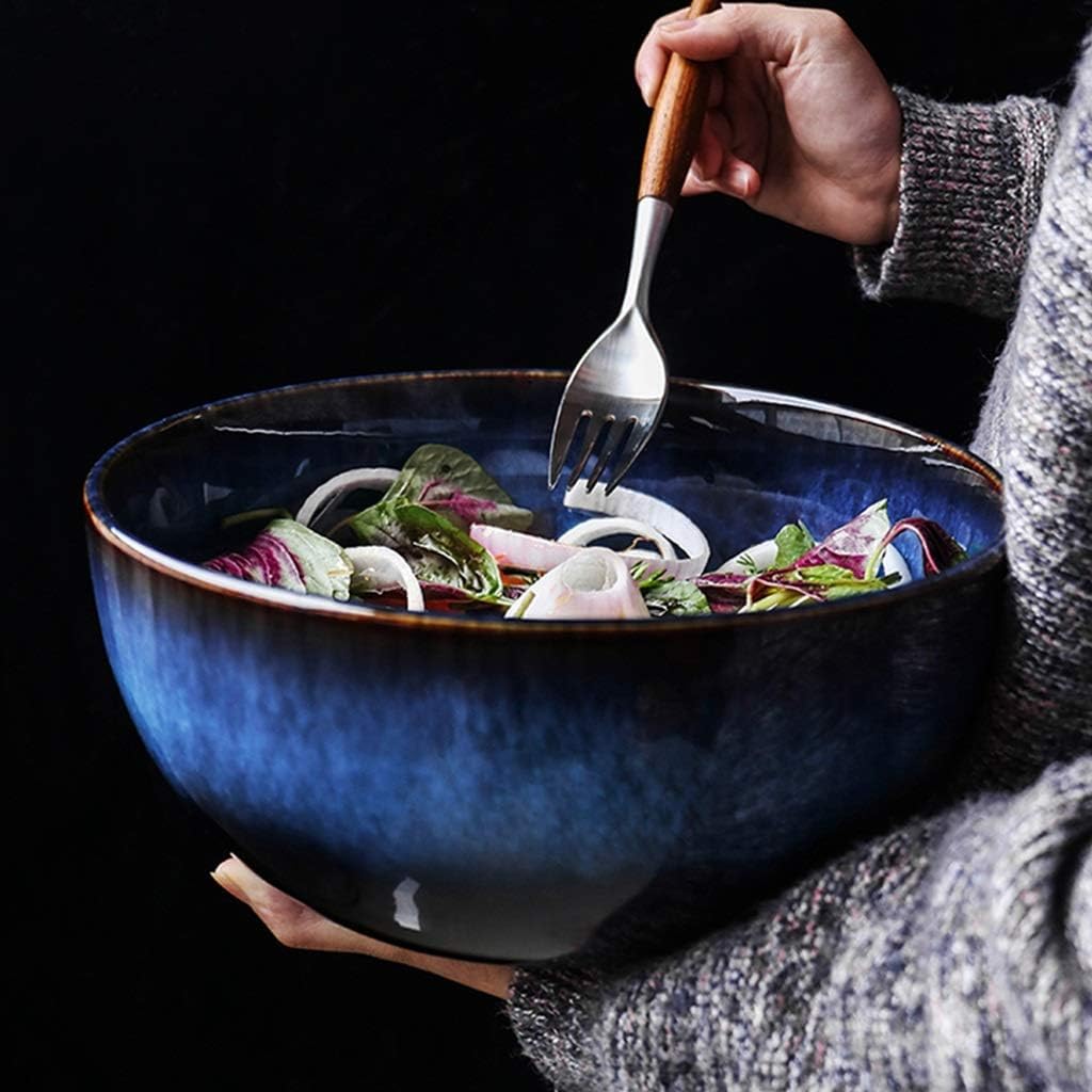 Ensaladera grande de cerámica japonesa, cuencos de sopa azules únicos, vajilla decorativa, cuencos de fideos, cuencos de frutas, hecho a mano para cocina asiática, vajilla de comedor