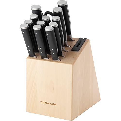 KitchenAid Gourmet Forged Triple Rivet Knife Block Set with Built-in Knife Sharpener, High Carbon Japanese Stainless Steel Kitchen Knives, Sharp Kitchen Knife Set with Block, Birchwood,14-Piece, Black