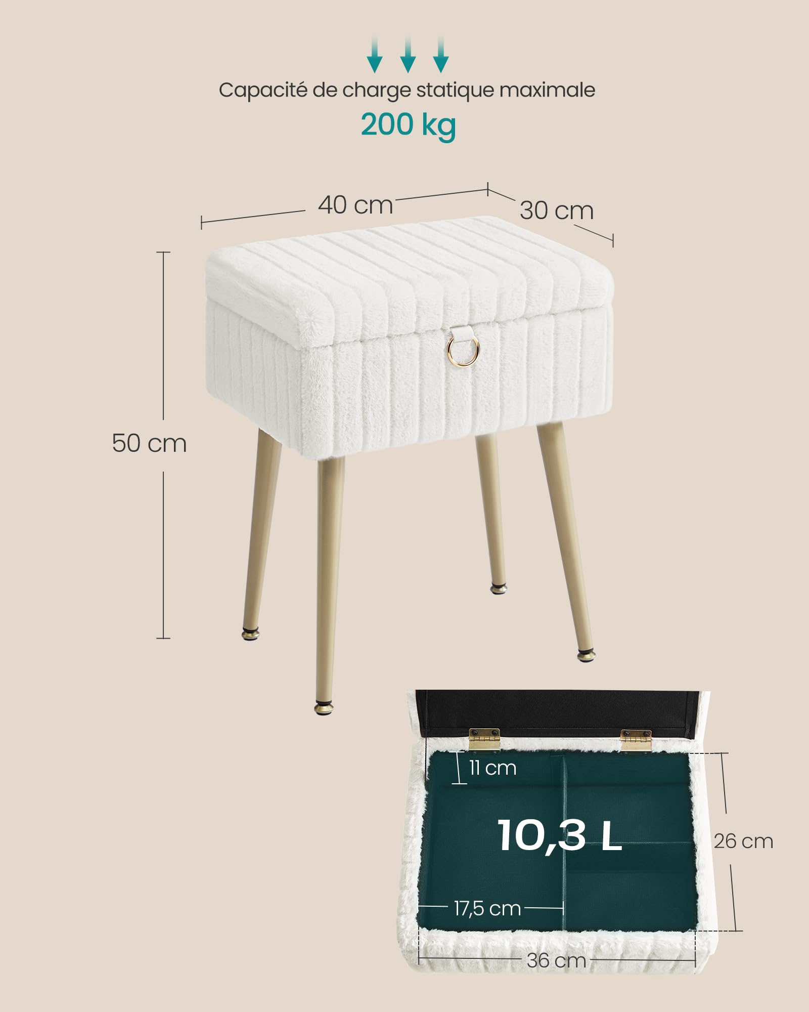 SONGMICS Tabouret de Coiffeuse, Tabouret avec Rangement, Repose-Pieds, Pieds en Métal, Rembourré, Pieds Réglables, pour Salon, Chambre, Dressing, Blanc Crème LOM505WZ02