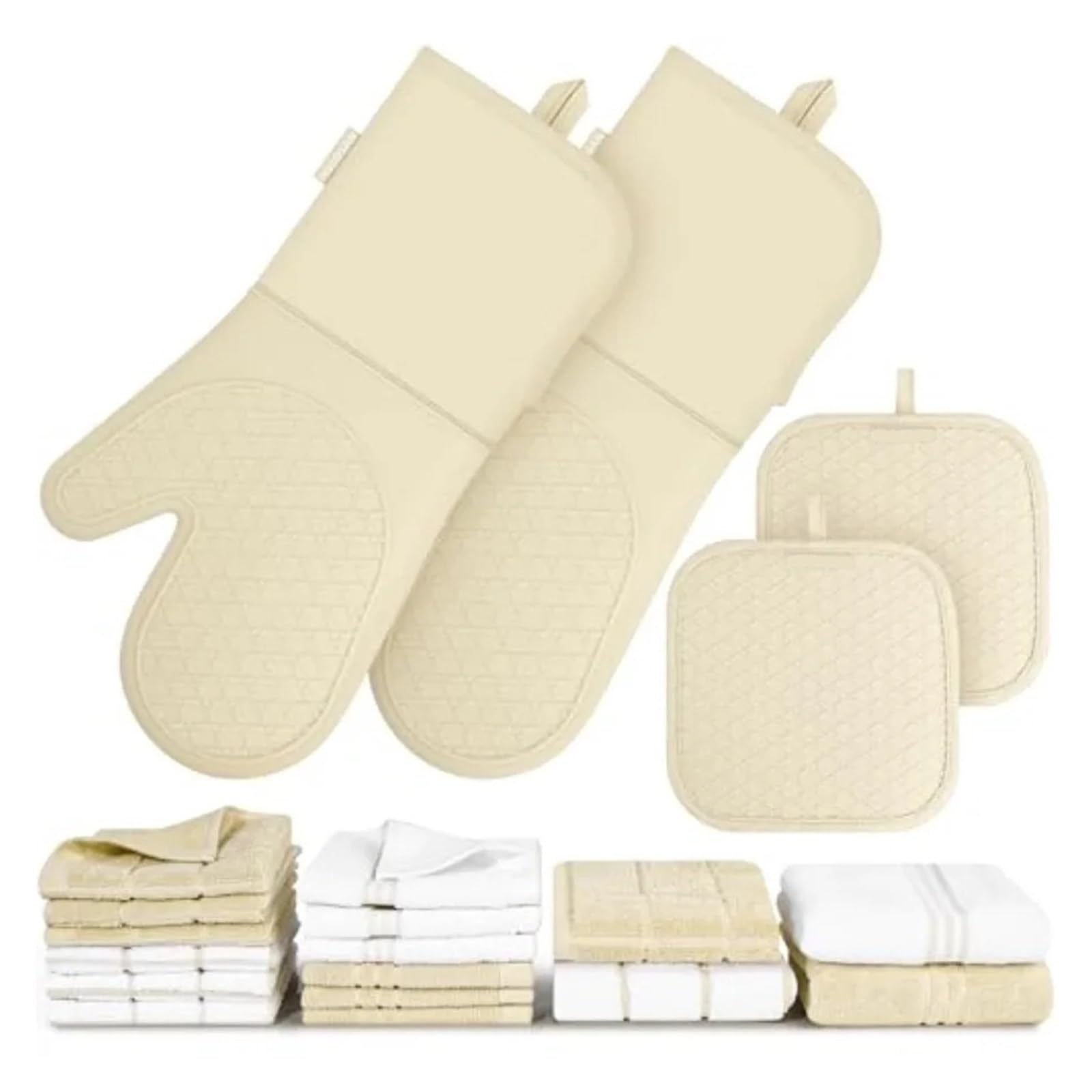 Manoplas de horno de silicona, guantes de cocina con forro de algodón | 14 x 7 pulgadas, impermeables, para cocina y barbacoa(Beige)