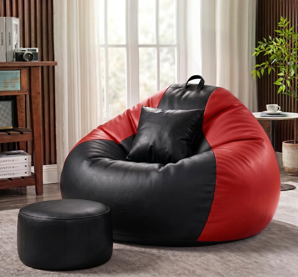 Sattva Classic 4XL Bean Bag Chair with Beans Filled | Faux Leather Sofa Style Bin Bags with Footstool & Cushion | Comfortable Beans Bag for Adults, Teens, Home & Office Seating (Black & Red)-picture-20