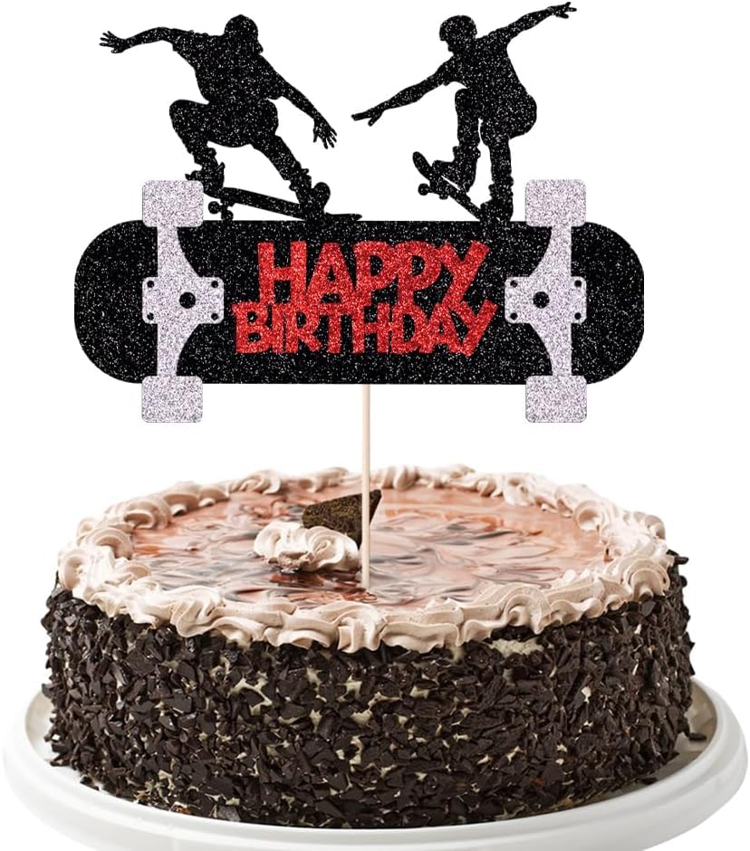 Black Glitter Skateboard Cake Topper Cheer to Skateboarder Extreme Skateboarding Theme Decorations Boy Girl Skateboarding Sport Movement Themed Birthday Party Decor Supplies