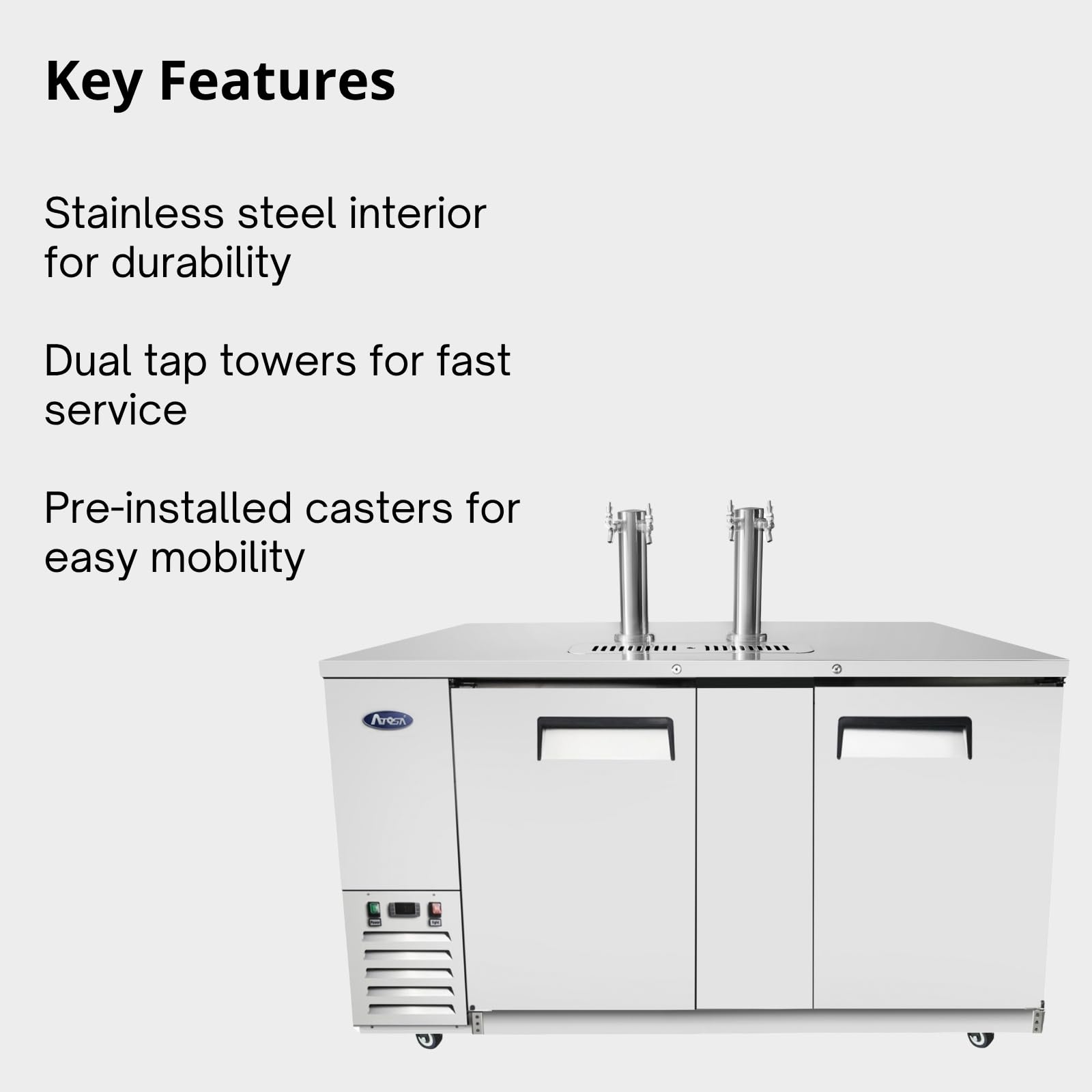Atosa Mkc68gr 68" Kegerator Beer Dispenser Draft Direct Draw For Restaurant Hotel Pub Bar | (3) 1/2 Barrel Keg, 17.3 Cu Ft Capacity | (2) Dual Faucet Tower | Stainless Steel Top, 115v (33°F – 40°F) on Fridge.com - View 5