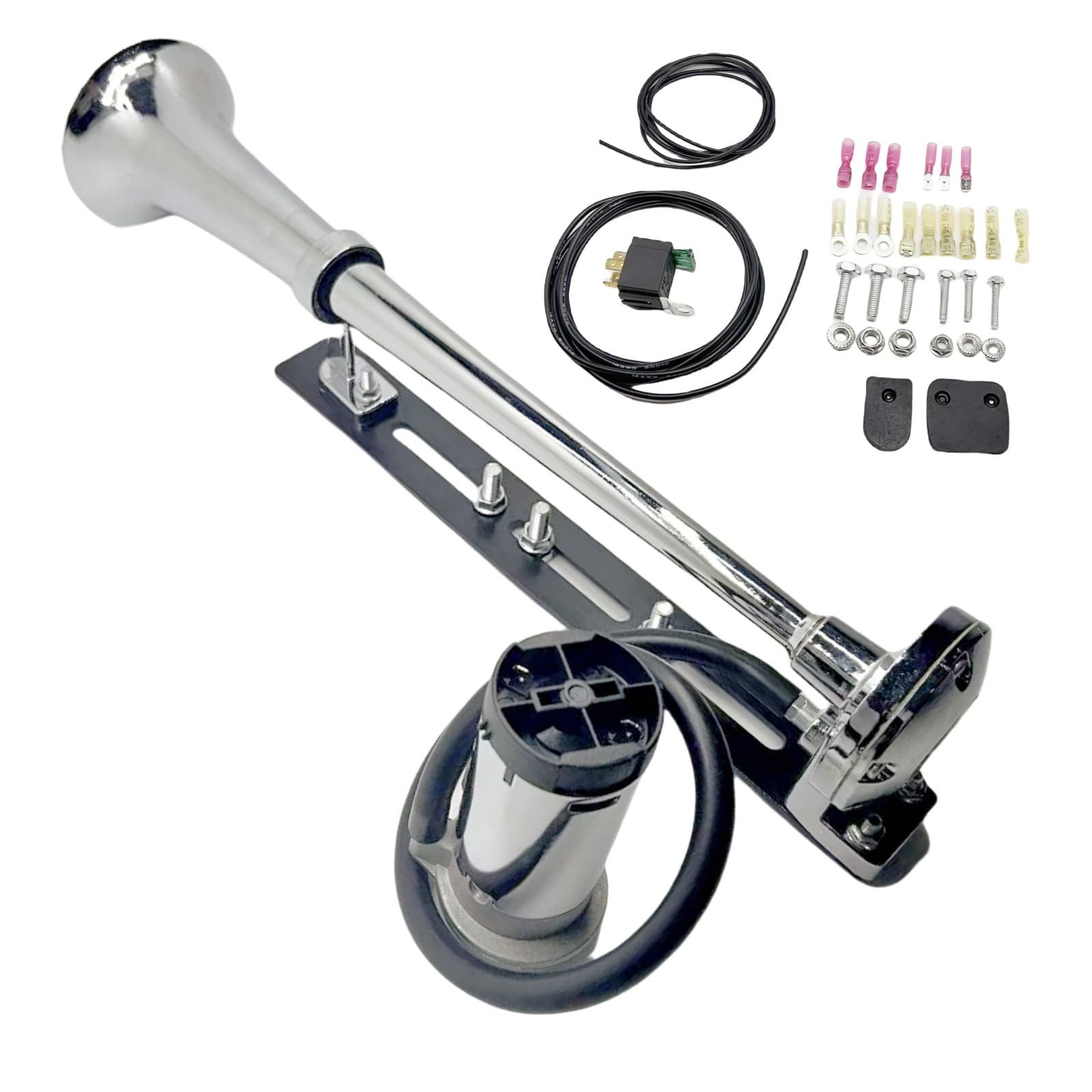 Bocina de aire para coche, cuerno de camión, diseño innovador y accesorios ajustables, altavoz fuerte, 150 dB, plateado, cromo, zinc, trompeta individual con compresor para coche de 12 V