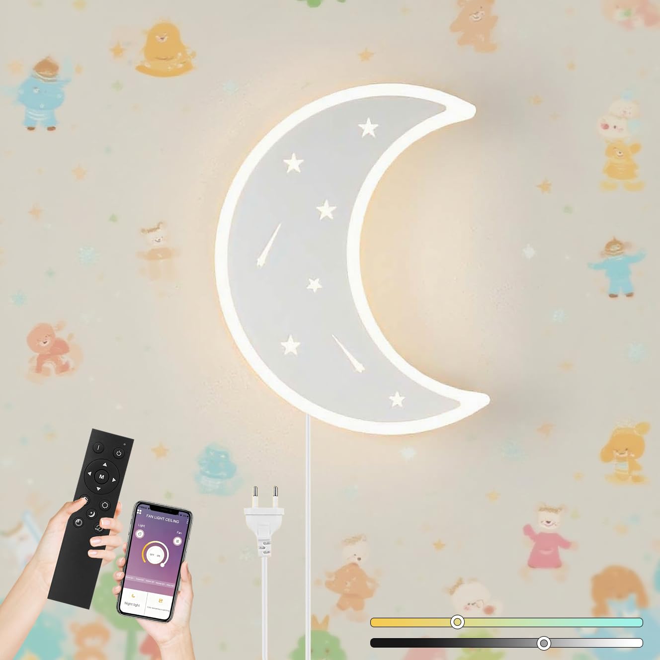 KZT Applique Murale Interieur LED Dimmable avec Télécommande Lampe murale avec Prise Lampe de Chevet Lune Veilleuse Enfant pour Chambre de Bébé Fille ou Garçon, 3000K-6000K, Blanc