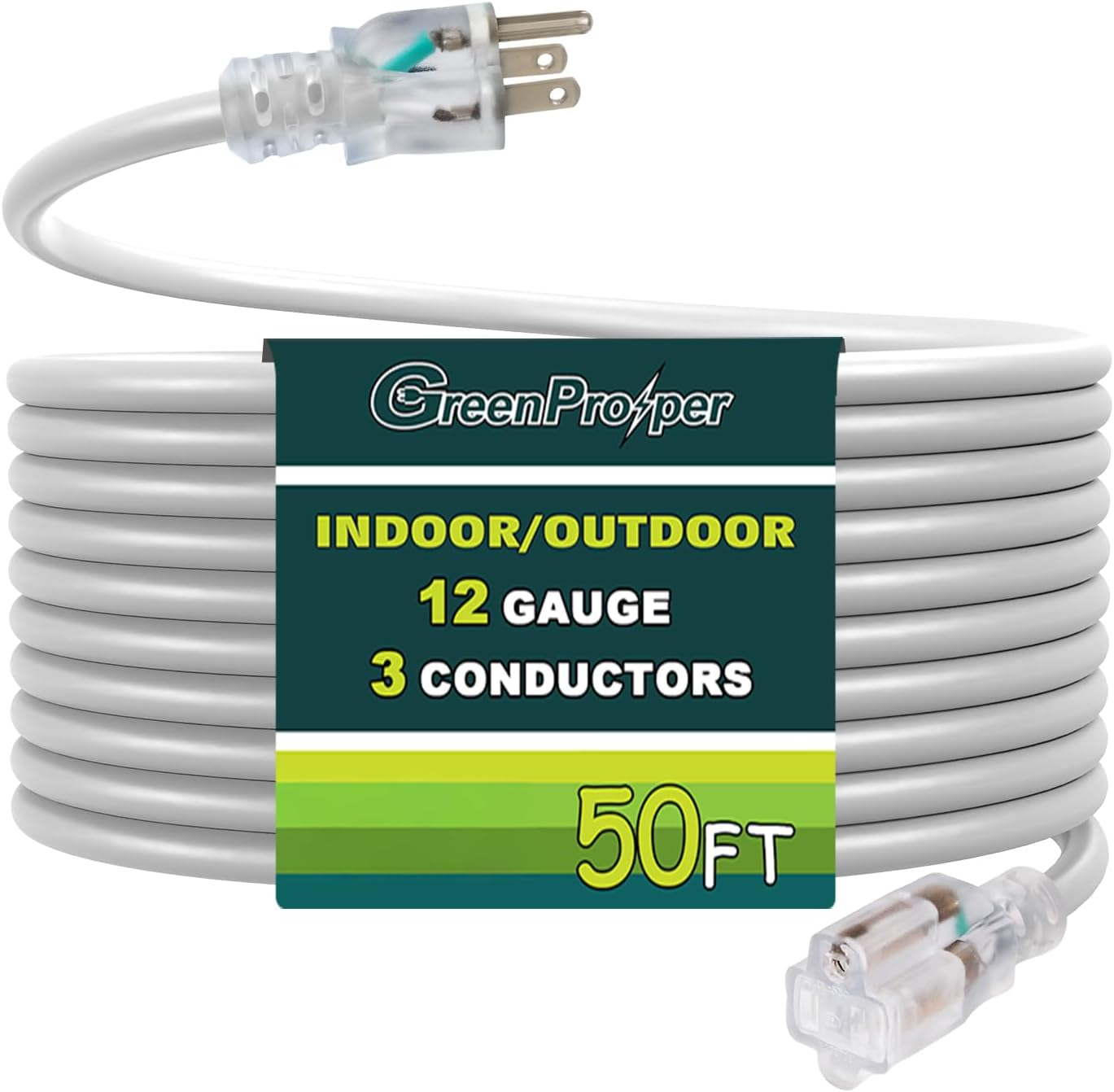 50 FT White Extension Cord with Lighted End, 12 AWG 3 Prong Indoor Outdoor Heavy Duty Waterproof Power Cable for Major Appliance, 12/3 SJTW UL Listed