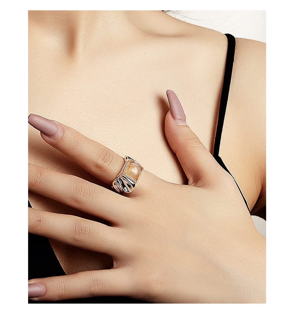HGJH Anelli d'Argento,Anello Grosso Regolabile per Donna Quadrato in Pietra Naturale Argento Sterling 925 Irregolarità Nocche Anelli Matrimonio Gioielli Eterni Regali per Ragazze Signore