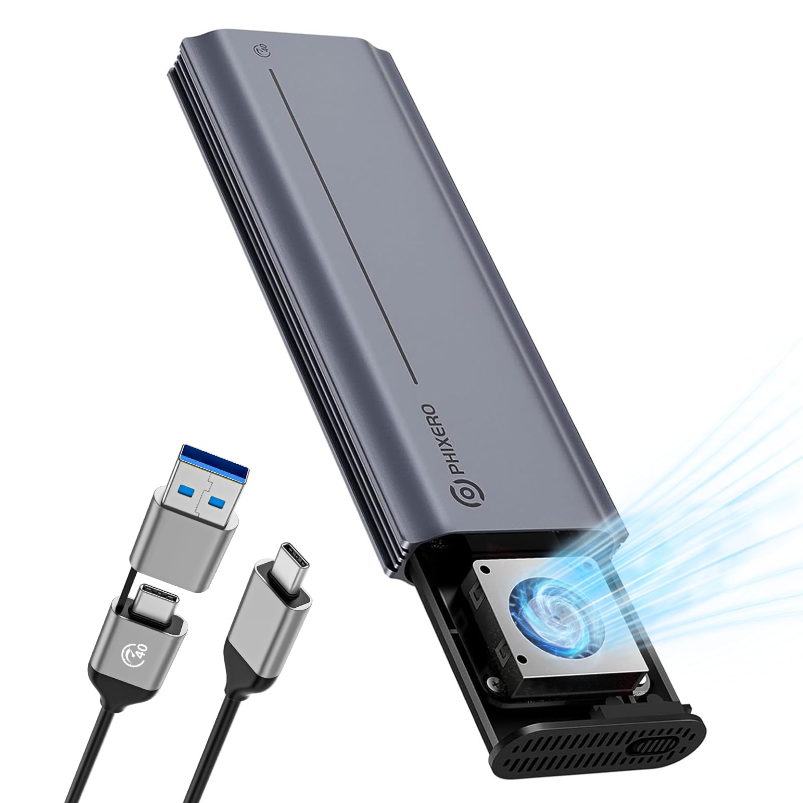 PHIXERO Custodia SSD M.2 NVMe da 40 Gbps con ventola integrata [custodia in alluminio], custodia USB 4.0 M.2 NVMe per PCIe 2280 M-Key (chiave B+M), custodia USB C compatibile per Thunderbolt 3/4, fino