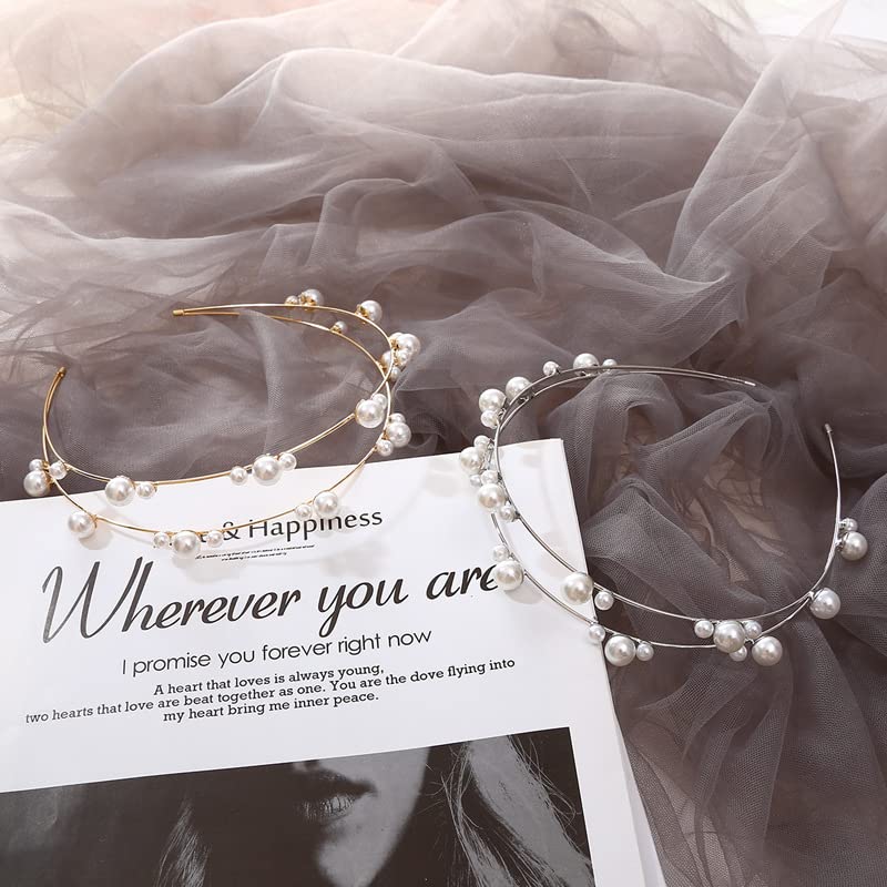 Double Layer Pearl Beaded Headbands Hair Hoops Bridal Hairbands Wedding Hair Accessories Fashion Elegant Pearl Headbands for Women Girls (Gold) - Image 3