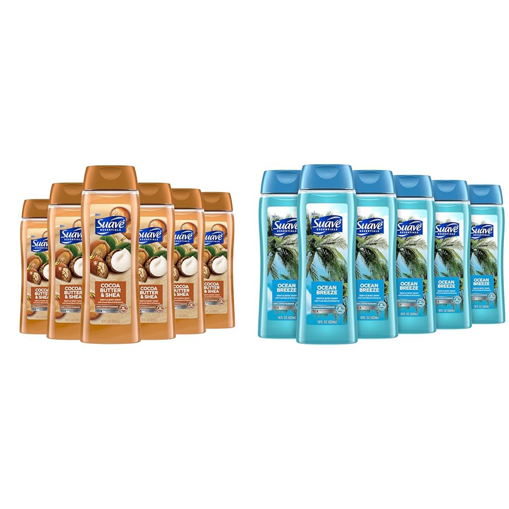 SuaveBody Wash Bundle - Cocoa Butter & Shea and Ocean Breeze Scents, 18 Oz Packs of 6