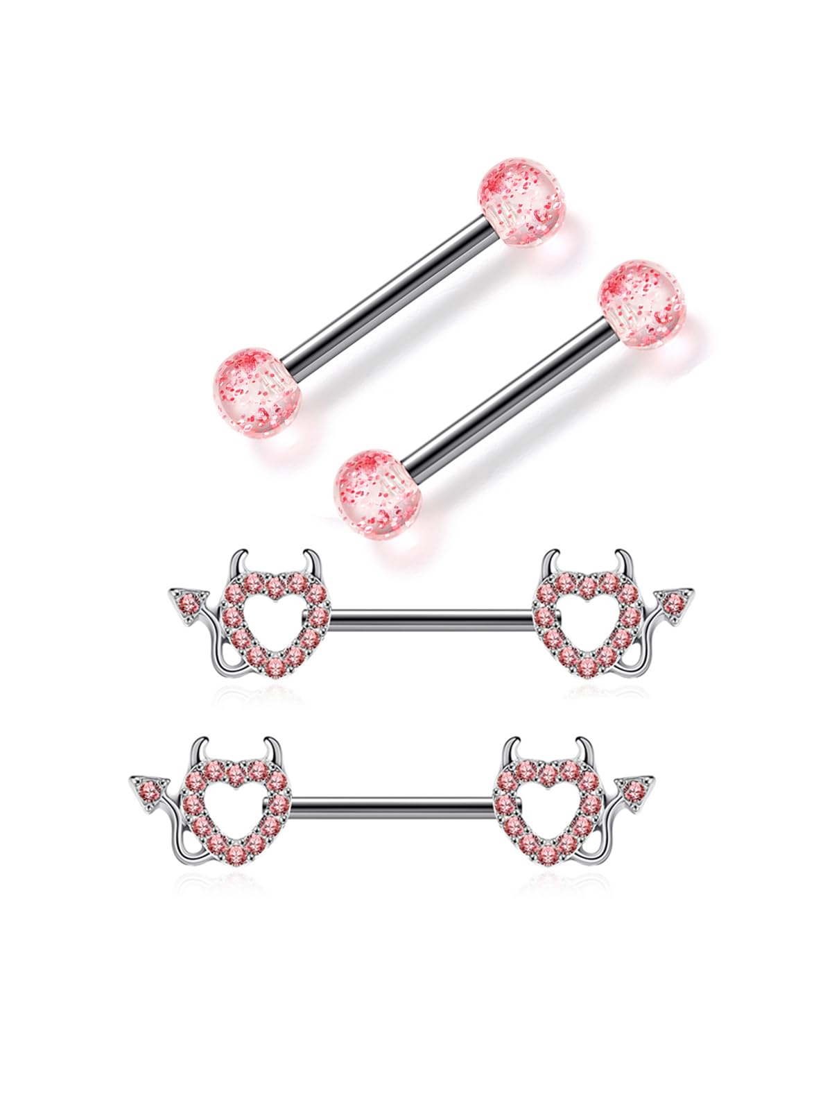PiercingJak 2 Paar Brustwarzenpiercing Chirurgenstahl 14G Nippelpiercing Barbell für Frauen Damen Brustpeircing Bars Nippel Ringe 14mm Körperpiercing Teufel Punk Schmuck