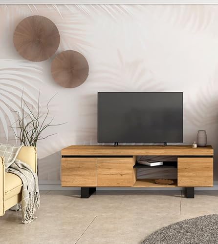 Skraut Home | Mueble TV Mod Naturale ''Roble/Negro'' | 2 Puertas y 2 viviendas | Sala de Estar | 160x40x53cm Cover