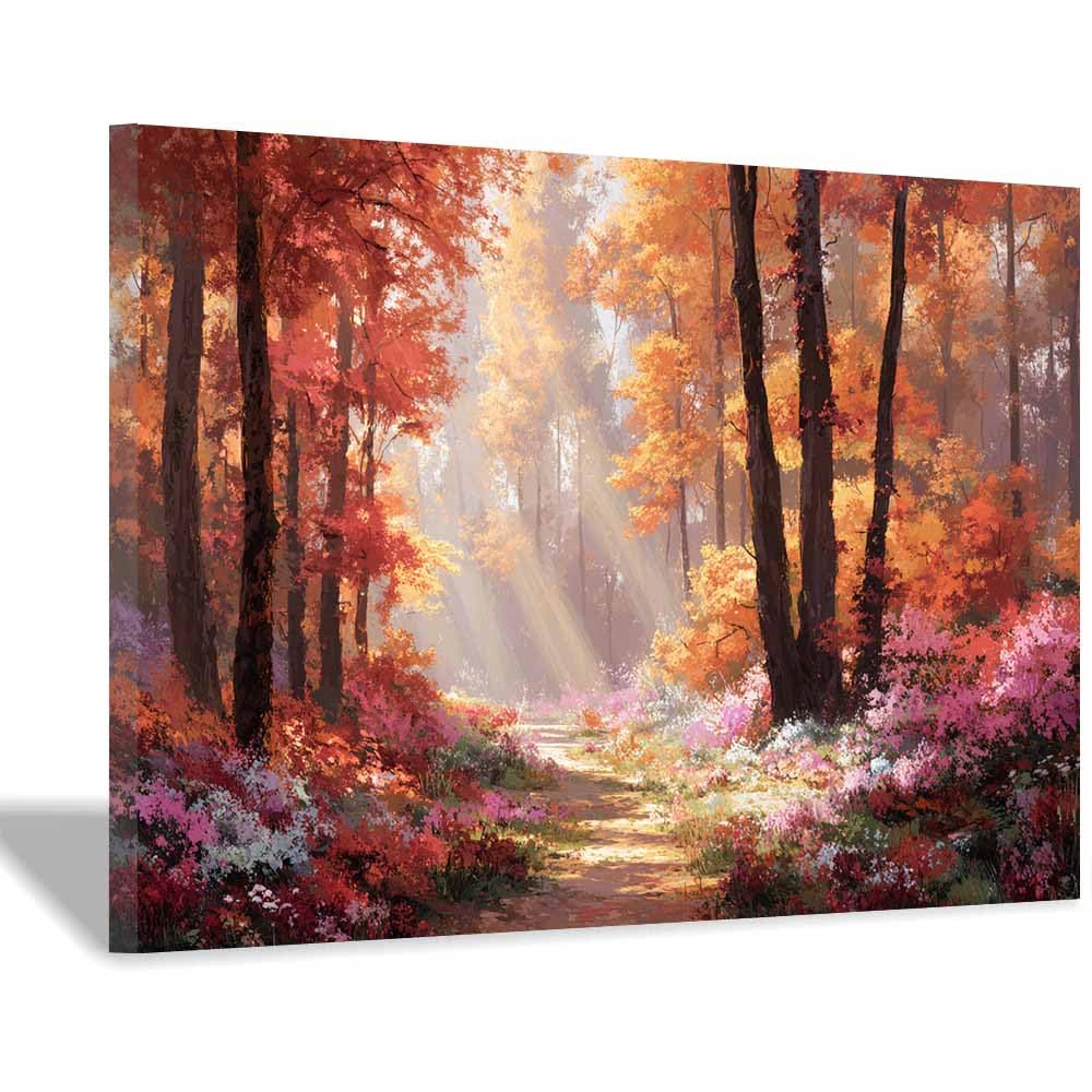 HOQIU Beautiful wall art Sunlit Fall Forests canvas artwork for wall, art prints, For living room, bedroom, bathroom, dining room, painting and decor.(Multicolor)-80x120cm Framed