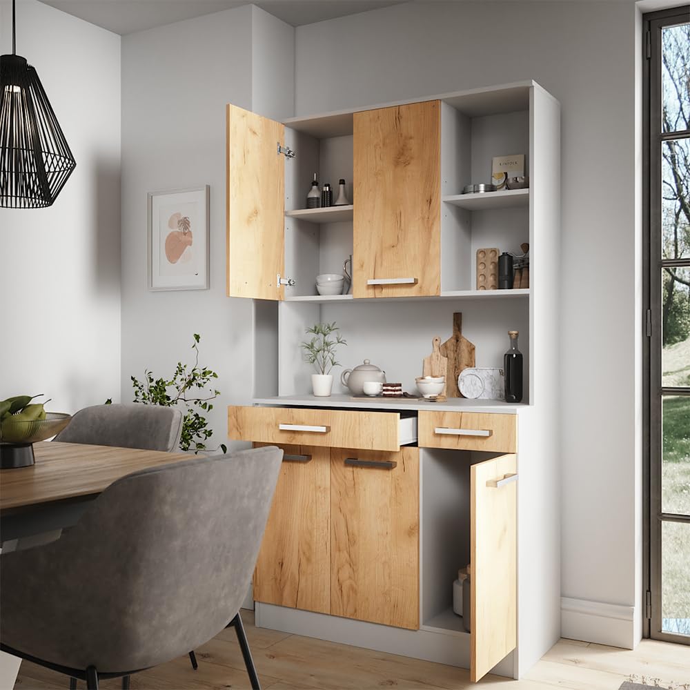 Vicco Küchenbuffet Raul, Weiß/Goldkraft Eiche, 100.1 x 188.5 cm | mit 5 Türen & 2 Schubladen, mit offener Geräteablage und erweiterbarem Stauraum
