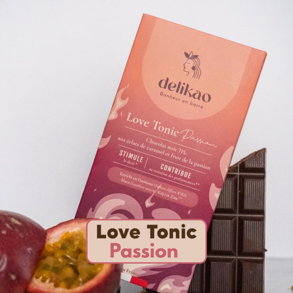 LOVE TONIC PASSION – Tablette de Chocolat Gourmand 90 g – Caramel - Fruit de la Passion - Gibembre – Fabriqué en France - Chocolat à Offrir pour un Moment de Plaisir à Deux (Passion, 1 tablette)
