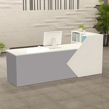 Modern L-Shaped Reception Desk with Storage Shelves and Cabinet, Wooden Front Counter Table for Office, Salon, Boutique   Multiple Sizes & Colors