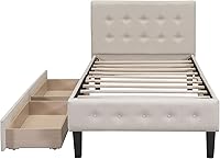 Vista 6 de Bellemave Cama individual con cajones de almacenamiento, cama de plataforma tapizada con cabecera capitonada con botones y soporte de listones