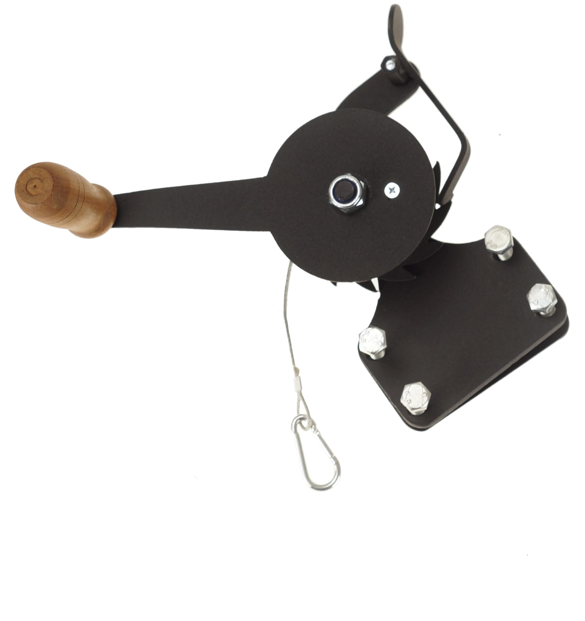 Seilwinde hand mit Kurbel und Karabiner - für Grill Barbecue - Handwinde fuer Schwenkgrill - Handseilwinde klein - Seilzug - Handkurbel - Handwinden - Grillrostwinde aus Stahl - Holzgriff