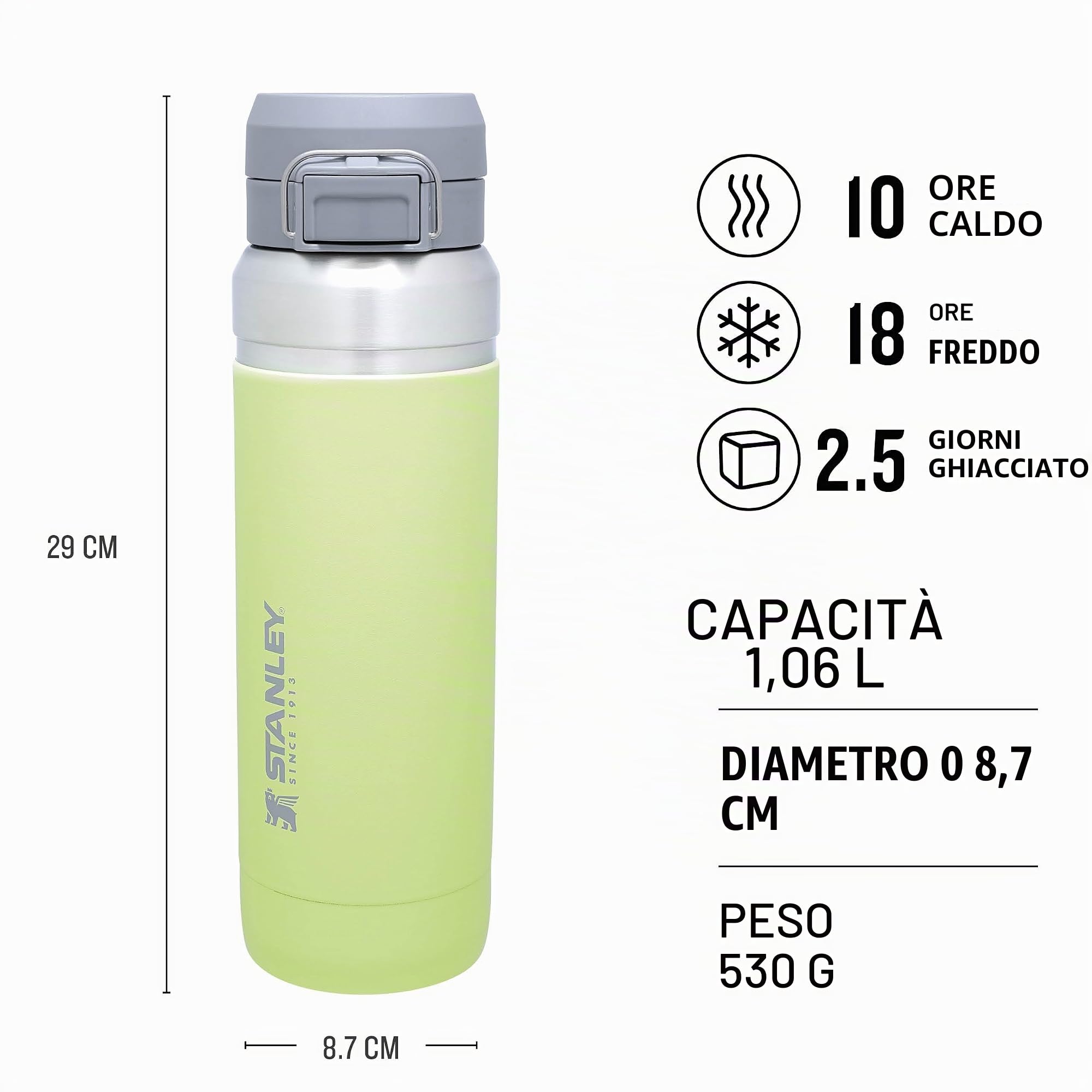 STANLEY 1913 Quick Flip Borraccia Termica 1.06L - Citron | Fredda Per 18 Ore - Borraccia Acciaio Inossidabile - Bottiglia Acqua Senza BPA - Compatibile Con Portabevande