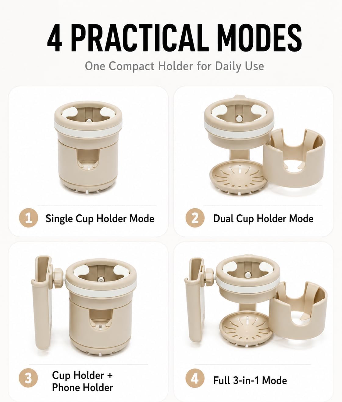 3-in-1 Stroller Cup Holder with Phone Holder, Dual Cup Holder with Upgraded Double Clamp, Universal Cup Holder for Stroller, Walker, Wheelchair & Bike, Anti-Spill Stable Drink Organizer (Khaki)