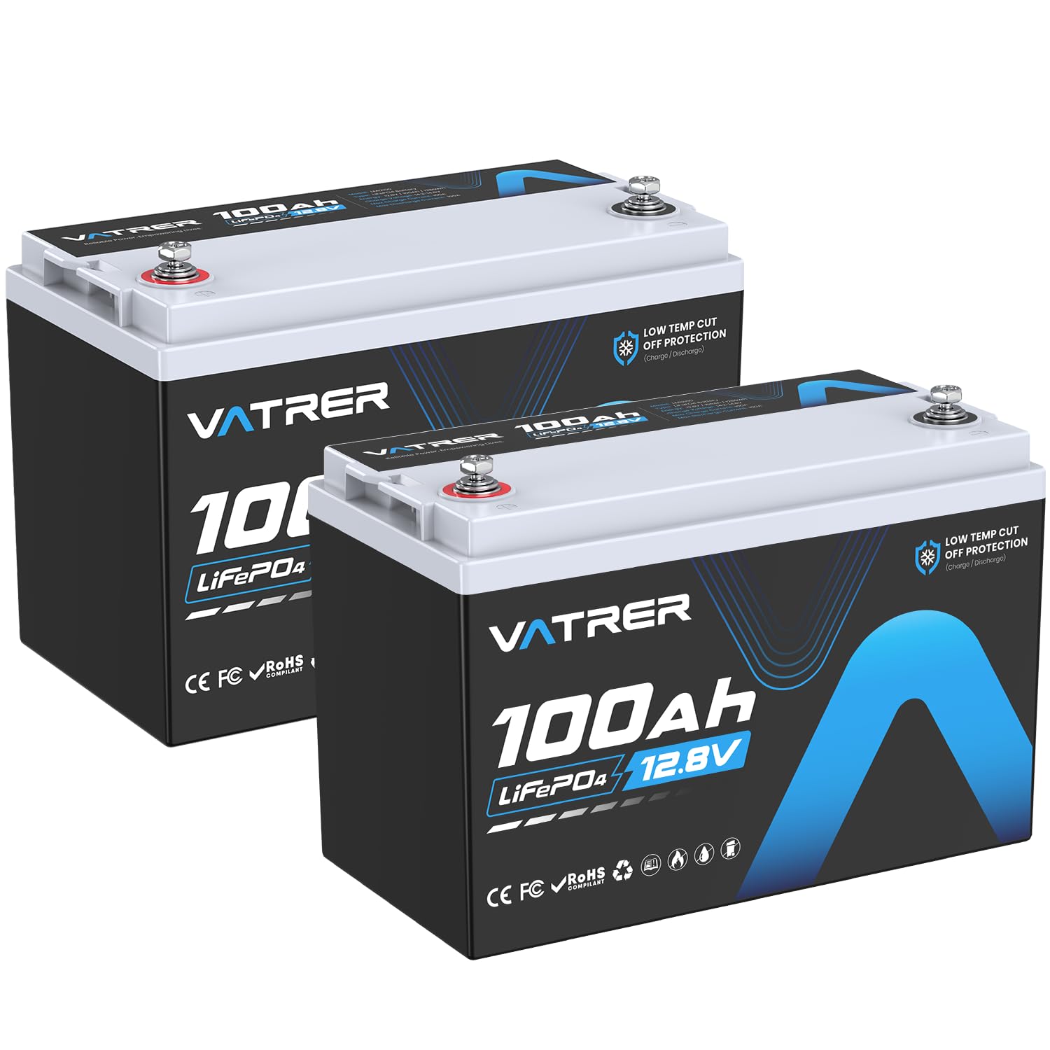 2Pack 12V 100AH Low Temp Cutoff LiFePO4 Lithium Battery with 1280W, Built-in 100A BMS, 5000+ Cycles Rechargeable Battery, Perfect for RV/Camper, Solar, and Off-Grid Applications, etc.