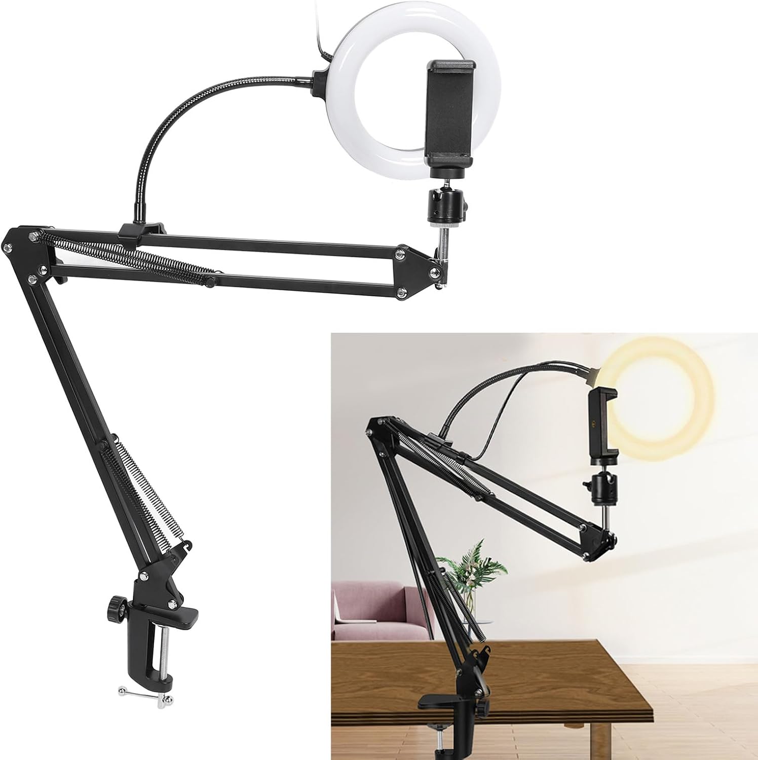Ring Light with Overhead Phone Mount, Articulating Arm Phone Holder with 3 - Color LED Desk Light for Video Recording Live Stream Cooking Vlog, Clamp - On Space - Saving