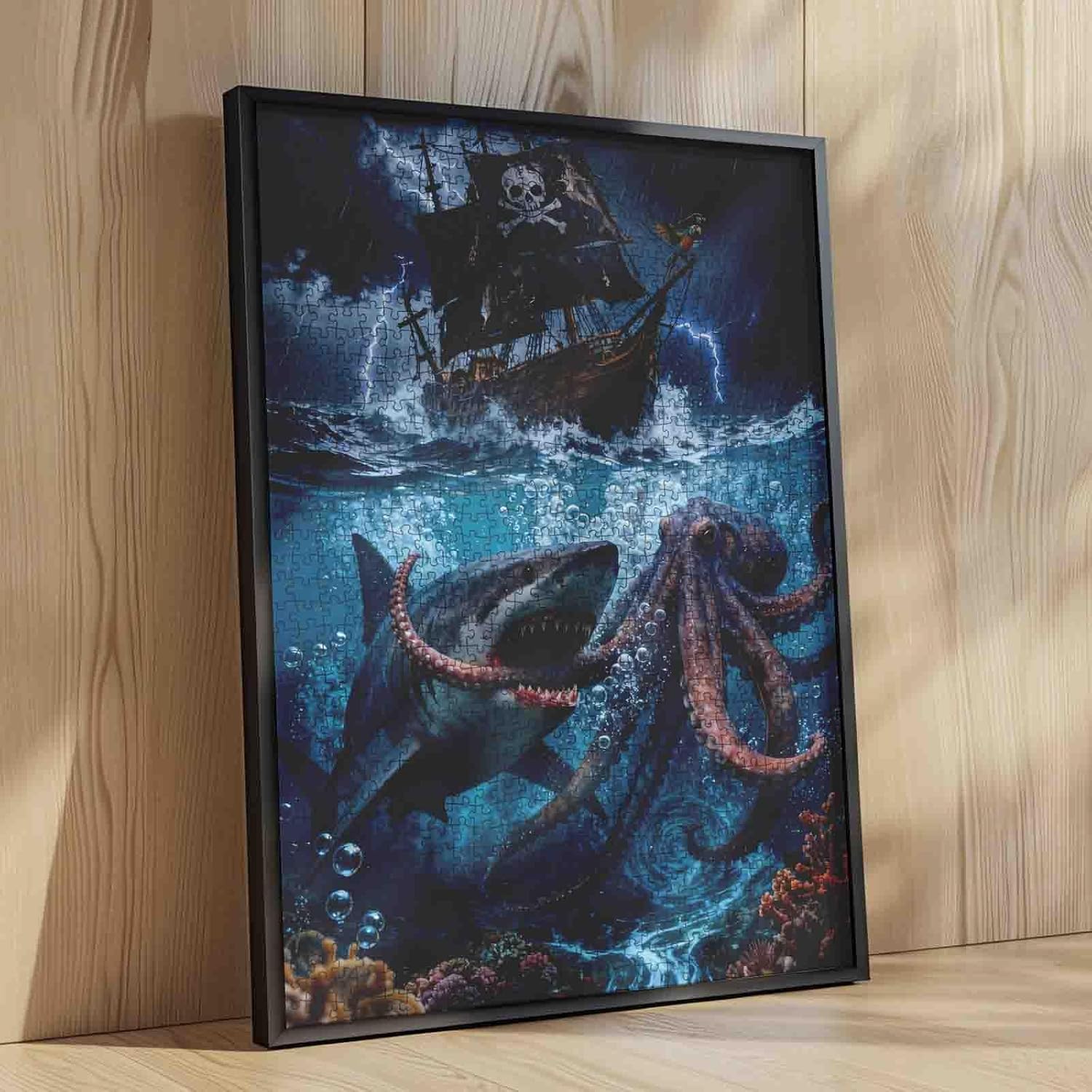 Pirate Ship with a Skull Jigsaw Puzzles 1000 Pieces for Adults,Families(Terrifying Megalodon Shark,Octocpus,Parrot,Fantasy Boat) Pieces Fit Together Perfectly 19.7''x27.6''inch Seascape Puzzle Art