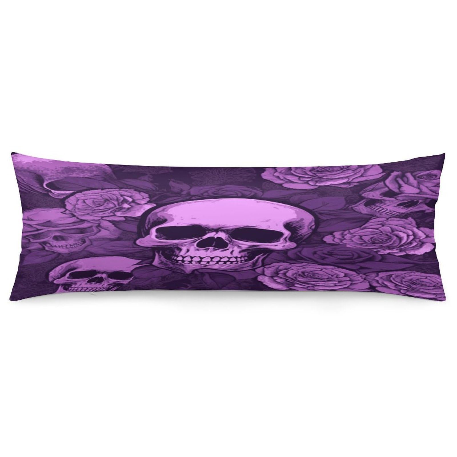 Purple Skulls and Roses Pillowcase Long Body Pillow Cover Soft Decorative Body Pillow Case Breathable Large Pillowcase Cute Cozy Pillow Protector for Bed Sofa Couch Room 18.9 X 53 Inch