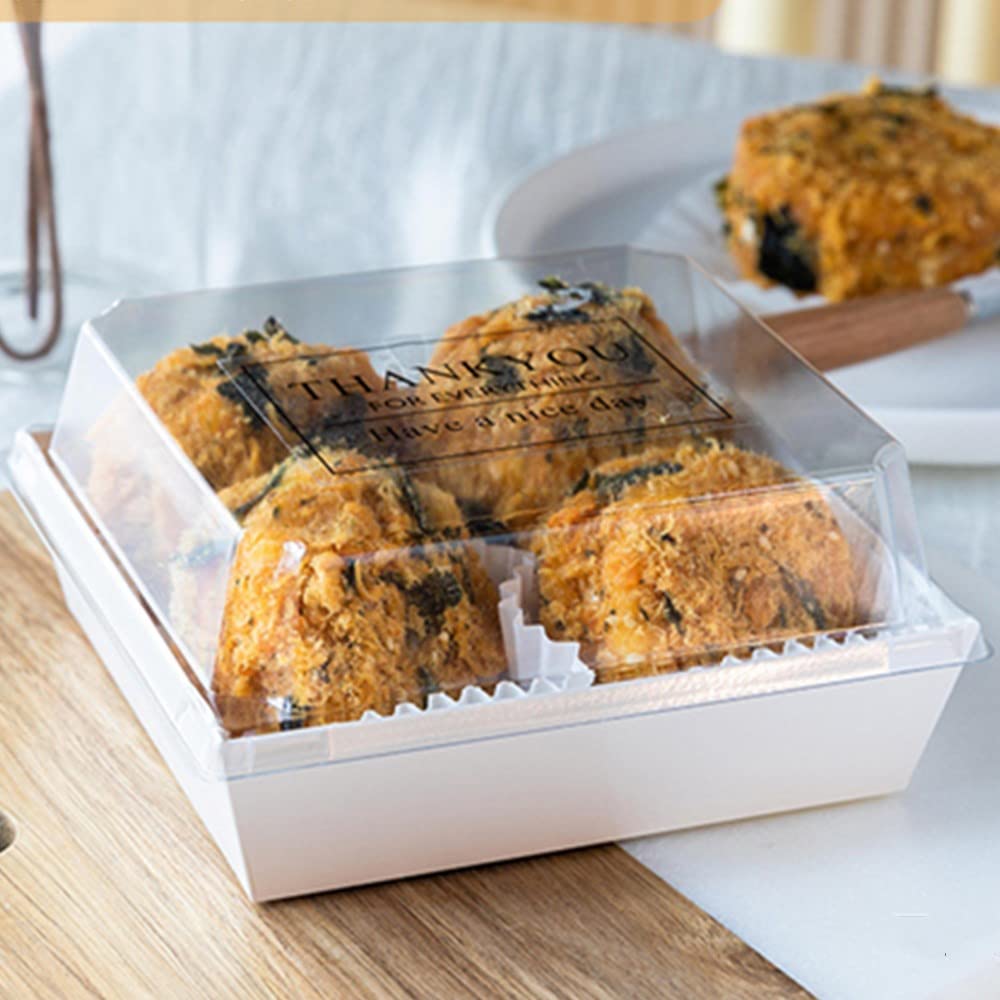 OUKEYI Set da 50 scatole per sandwich con coperchio trasparente, per torte, per muffin, formaggio, pasticceria, dessert, sushi, frutta, espositore per alimenti (carta kraft bianca)
