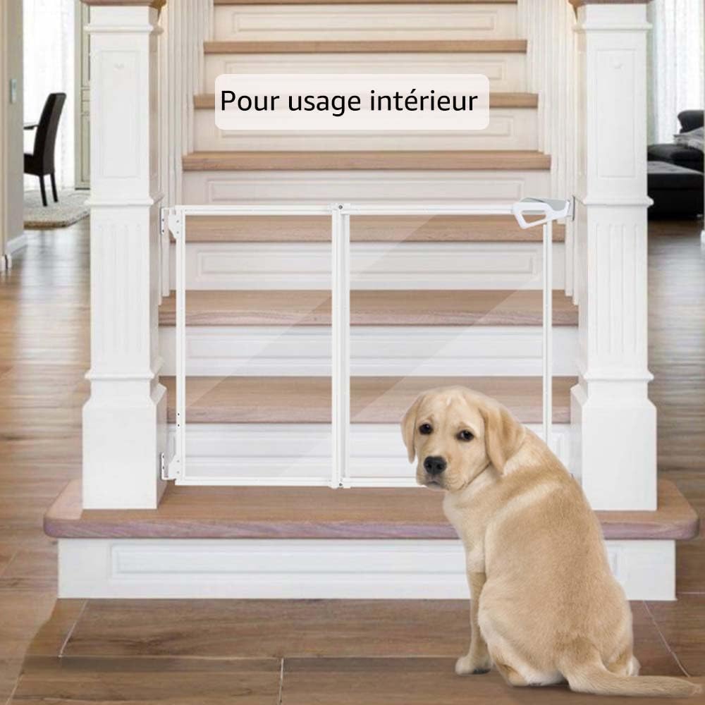 unipaws Barrière Transparente pour Chiens et Chats sans Barre au Sol, Ouverture Double Sens à Une Main, Usage intérieur/extérieur, pour Portes et escaliers, réglable 71–110 cm, Hauteur 76 cm