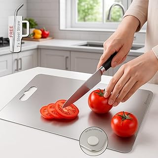 Herrlich Homes Rectangle Stainless Steel Chopping Board | with Steel Straw & Anti-Skid Silicon Pad | for Cutting Vegetables, Meat, Fish, Fruits | Chopping Board for Kitchen | M | 31 x 21 cm