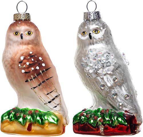 Juego de 2 adornos de búho de vidrio soplado a mano para árbol de Navidad, adornos de Navidad de búho de vidrio colgante