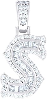 14K White Gold Look 925 Sterling Silver Unisex Baguette Round Moissanite 0.49ct Initial Alphabet S Charm Pendant