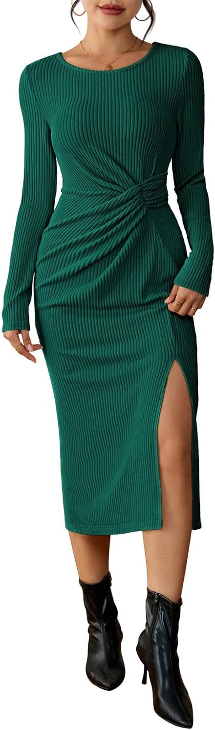 Pink Queen 2025 Women’s Long Sleeve Bodycon Dress Ruched Front Side Slit Ribbed Knit Midi Dresses