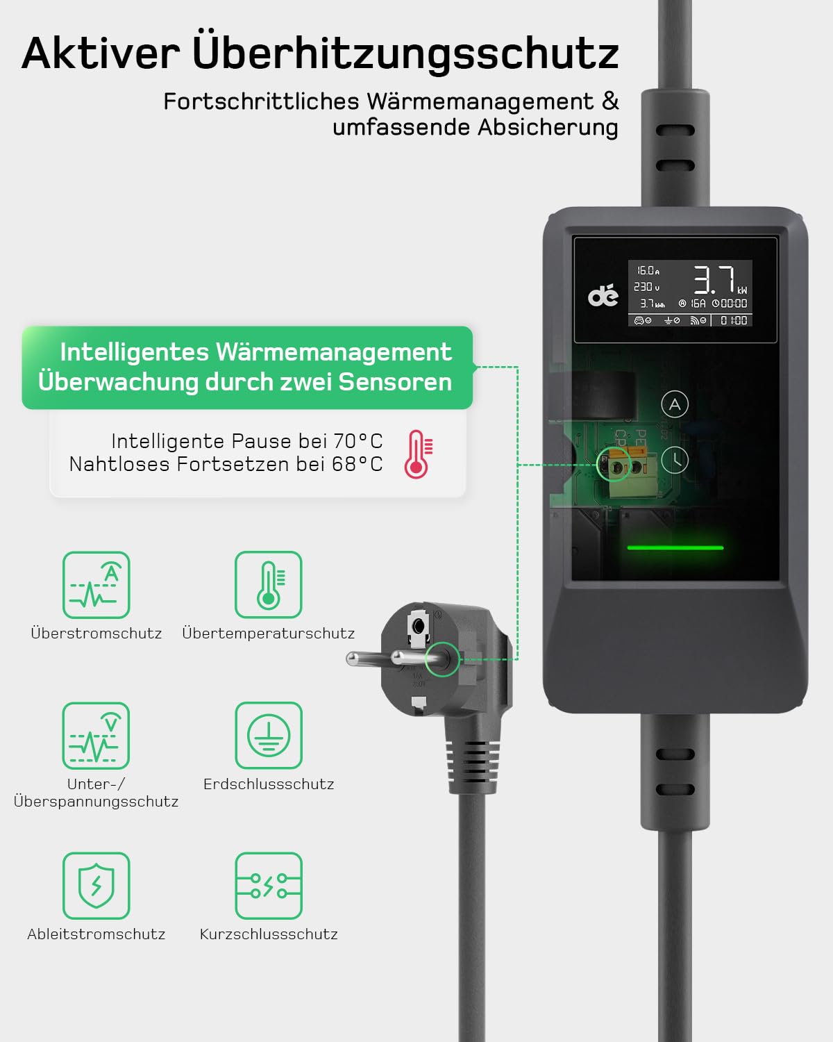 dé Typ 2 Ladekabel Schuko mit APP 3,7kW [7m, 6-16A, 1-phasig] Ladekabel Typ 2 Schuko mit Fernsteuerbarer Leistung - EV Charger 3,7kW für e Auto ID.3/4/5/7, Model Y/3, ENYAQ und Anderen PHEV/EV