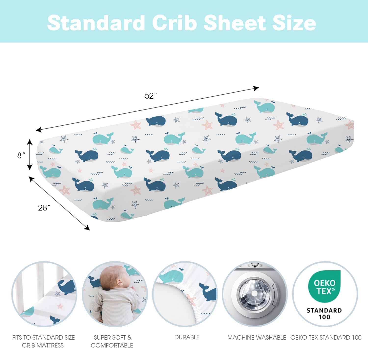 Little Grape Land Crib Sheets Baby Toddler Sheets 2 Pack Fitted for Boys Girls, Standard Size 28x52‘’ Crib Mattress, Super Soft Breathable Washable Microfiber (Whale/Little Bear) - Image 3