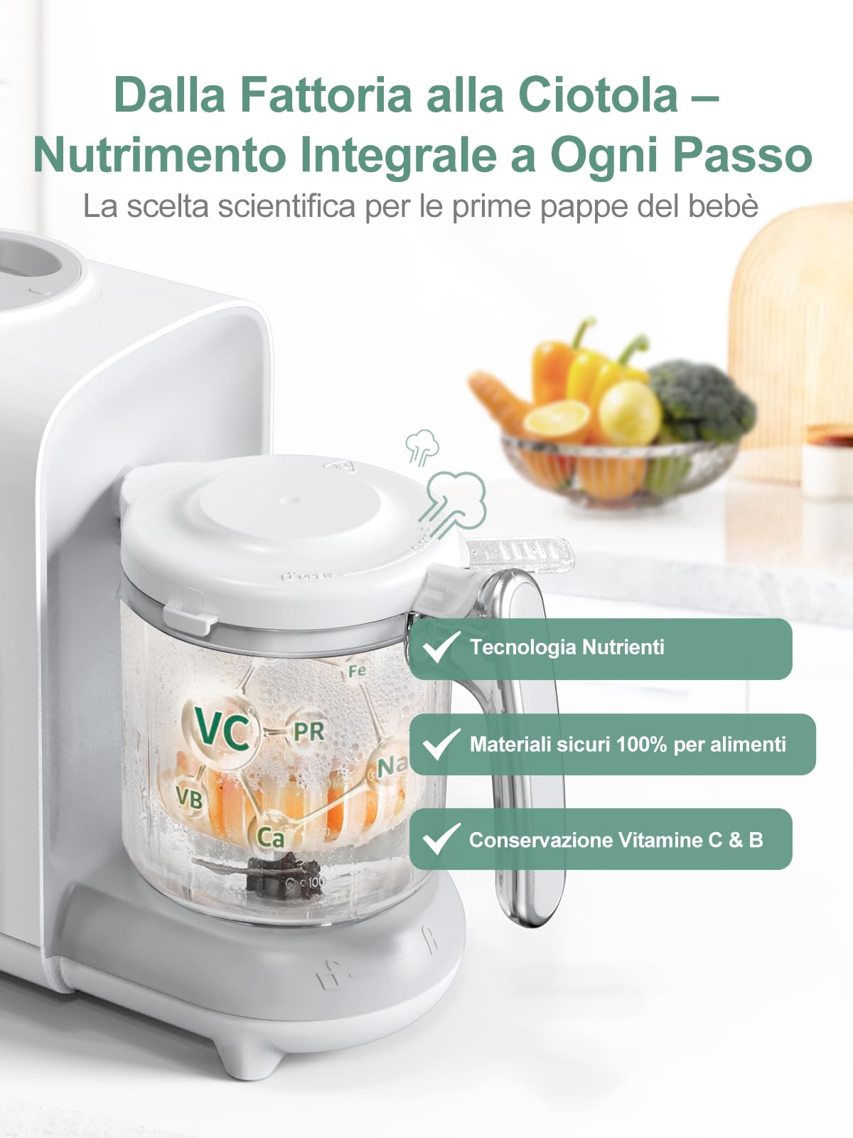 Omogeneizzatore per Neonati Robot da Cucina Multifunzione con Vapore 360°, Autopulizia, Scongelamento Rapido