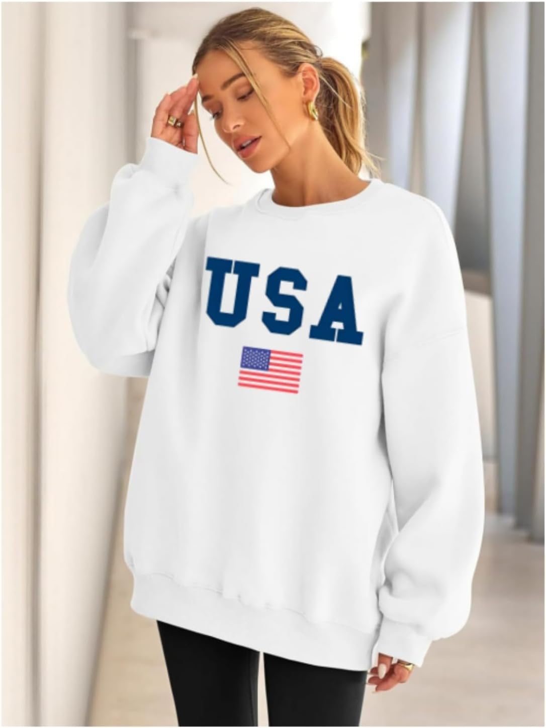 Womens USA Sweatshirt American Flag Sweater Long Sleeve 4th of July Shirt Patriotic Sweatshirt Pullover Outfit Tops - Image 3