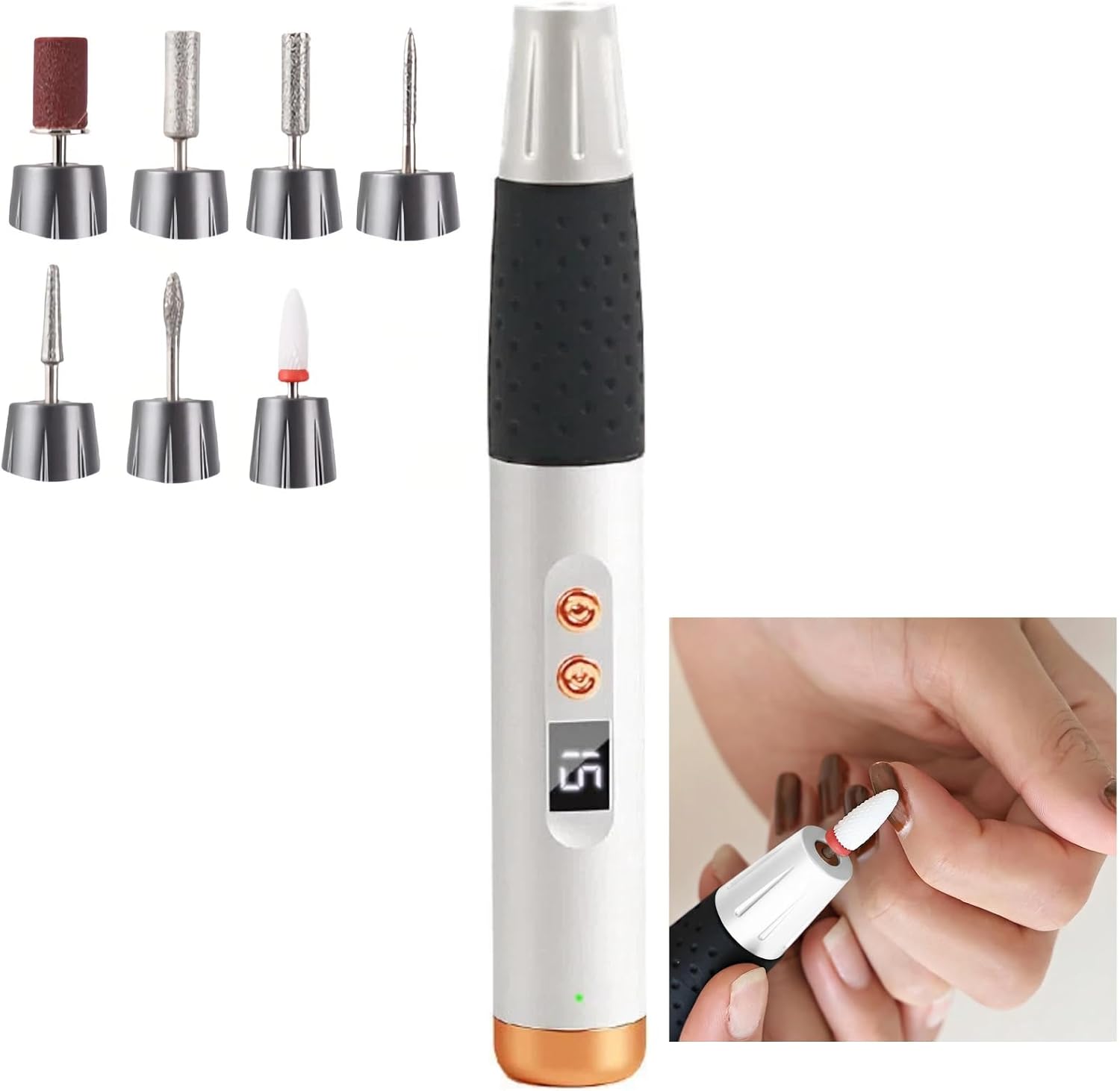 Cordless Nail Drill Professional, 15 Speeds 2-Way Portable Electric Nail File Kit for Women Home Salon Manicure Pedicure Beginners (White)