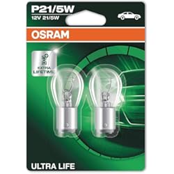 Bombillas Freno Coche OSRAM ULTRA LIFE P21/5W, lámpara de señalización halógena, luz de freno, luz adicional trasera, 7528ULT-02B, automóvil de 12 V, ampolla doble (2 unidades)