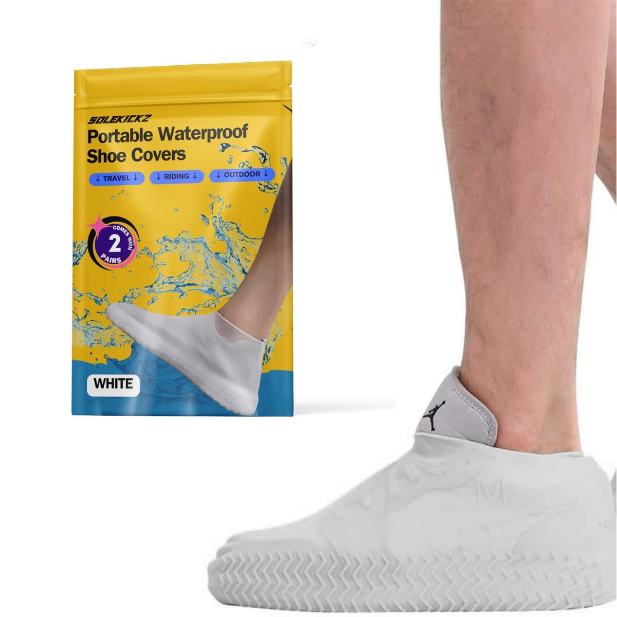 Solekickz 2 pairs Waterproof Shoe Covers, Anti-Slip Water Resistant Overshoes Silicone Rubber Rain Shoe Cover Outdoor cycling Protectors apply to Men, Women, Kids (White) (Large)