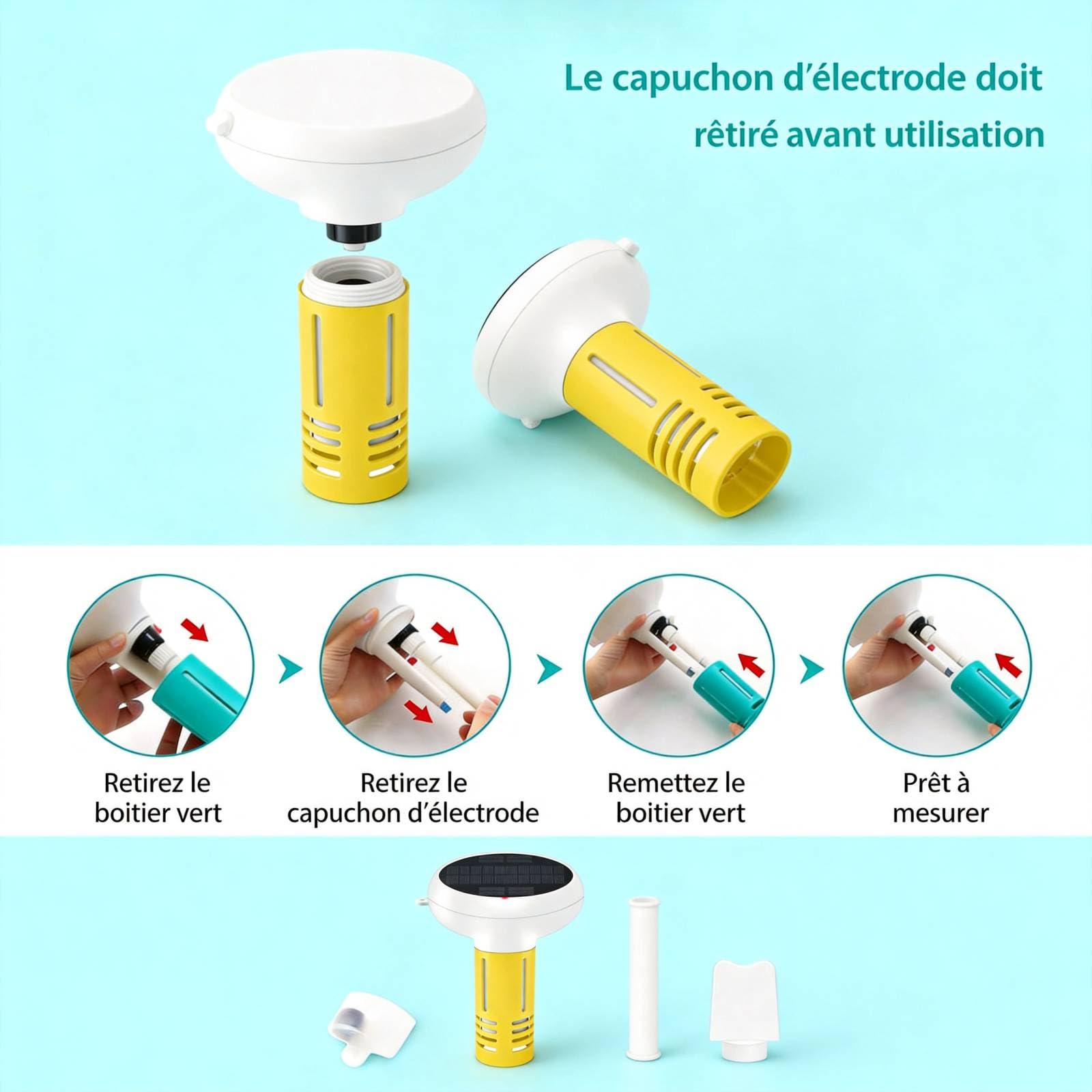 Testeur d'eau WiFi intelligent 7-en-1 Moniteur de piscine Charge solaire USB avec technologie de sonde | Alertes téléphone/SMS pour le suivi du pH/ORP/salinité/température