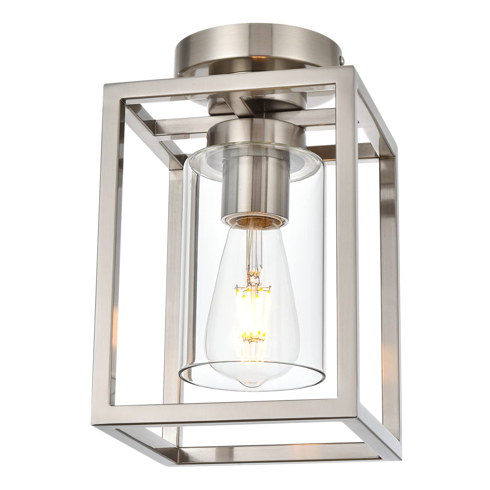 VINLUZ 1 Light Classic Semi Flush Mount Ceiling Light in Brushed Nickel Finish Industrial Metal Kitchen Ceiling Lighting Fixture with Clear Glass Shade for Dining Room Foyer