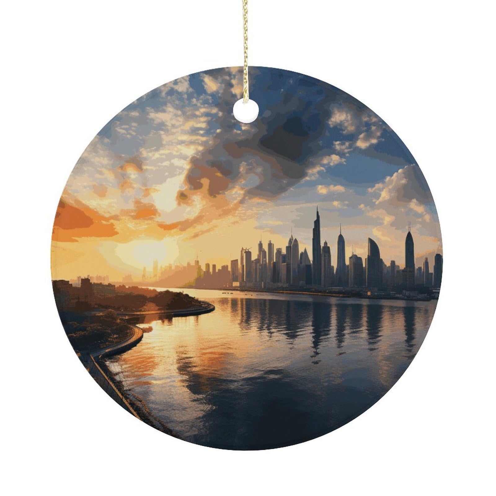 New York in The Sunset Christmas Ornaments Colorful Round Ceramic Ornament Christmas Hanging Decor Christmas Tree Decorations Xmas Keepsake for Women Men Xmas Holiday Party