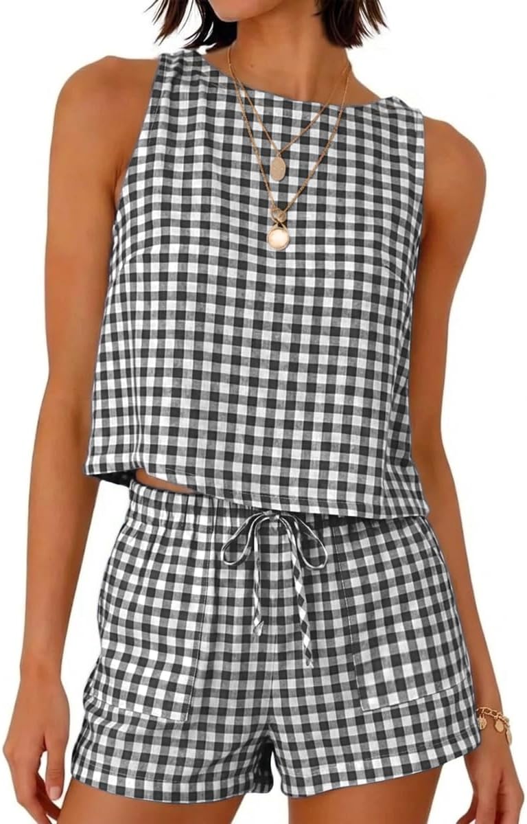 IDEALSANXUN Womens Gingham Two Piece Sets Spring Summer Beach Vacation Outfits Pajama Sets