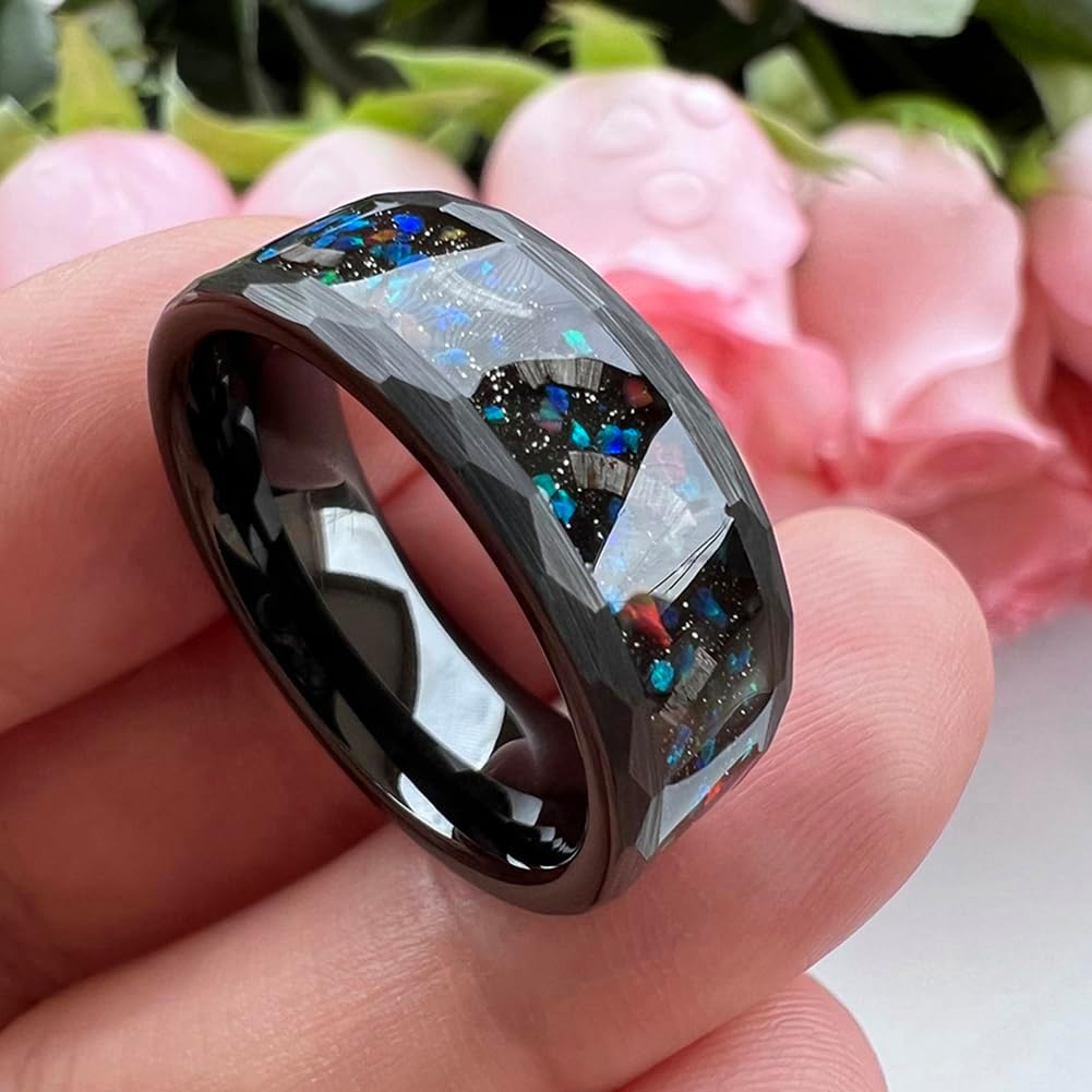 TUTISS 8mm Hammered Tungsten Rings for Men Women Engagement Wedding Bands Geunine Opal Meteorite Inlay Matte Finish Comfort Fit