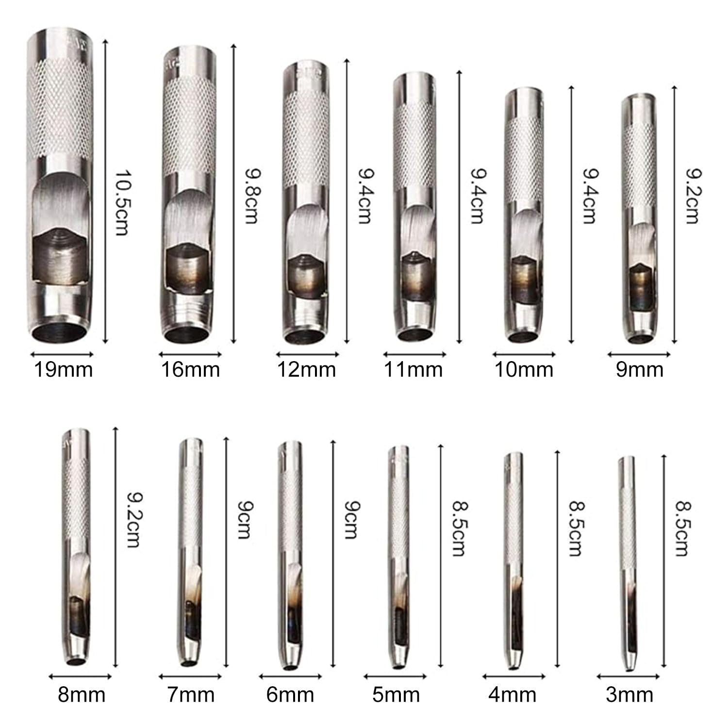 12 Pezzi Rotondo Punzone Cavo in Acciaio, Set di Punzoni Foro Pugno Strumento Mano DIY, Forata Strumenti per la Pelle, Cinturino per Orologio, （3 mm-19 mm ）