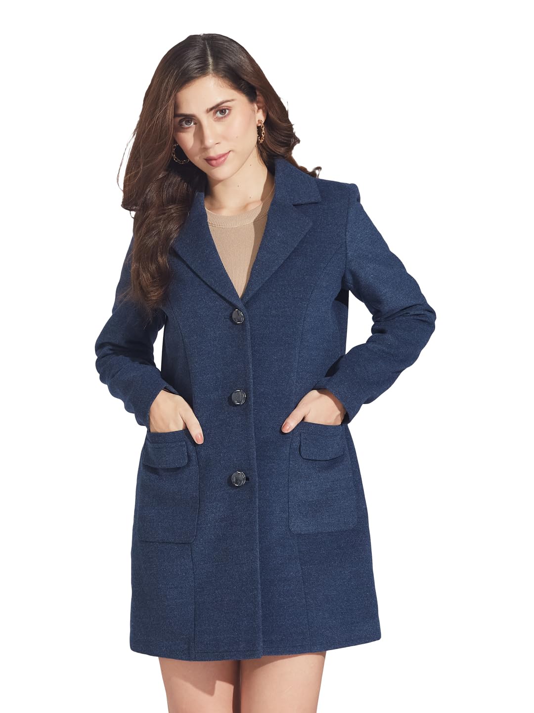 Women Blue Full Sleeve Solid Classic Fit Over Coat-image-46