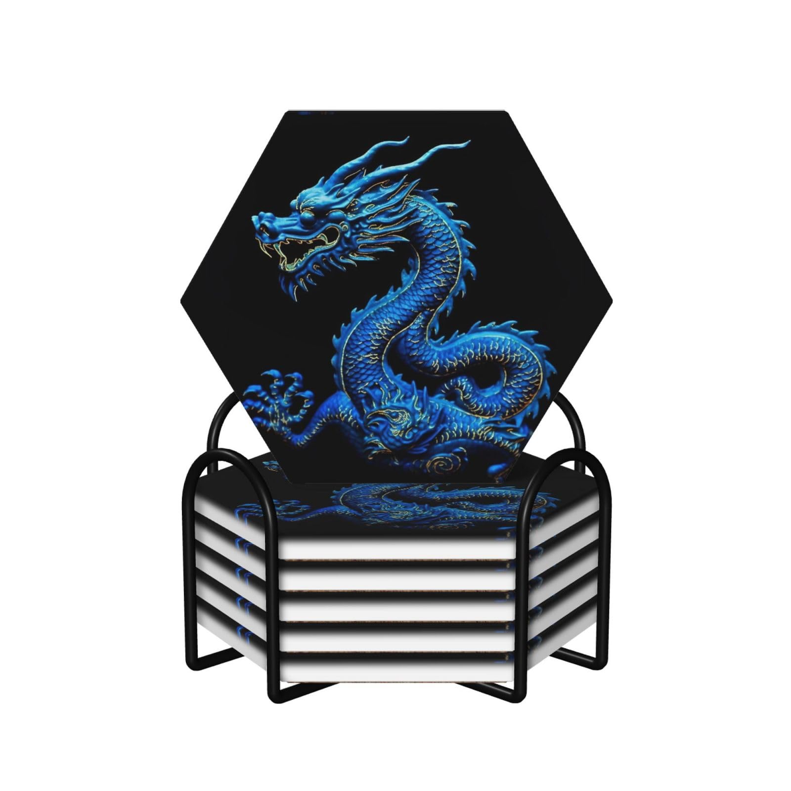 6Pcs Ceramics Coaster for Drinks, Blue Chinese Dragon Cup Coasters with Holder, Aesthetic Drink Coasters for Coffee Table, Absorbent Round Coaster for Tabletop Protection 4" Cup Mat Pad