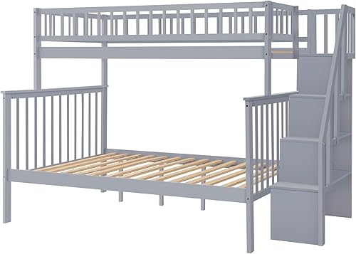 Miniatura 182 de Merax Litera de escalera individual sobre matrimonial con nido, escalera de almacenamiento y barandilla de longitud completa, litera de
